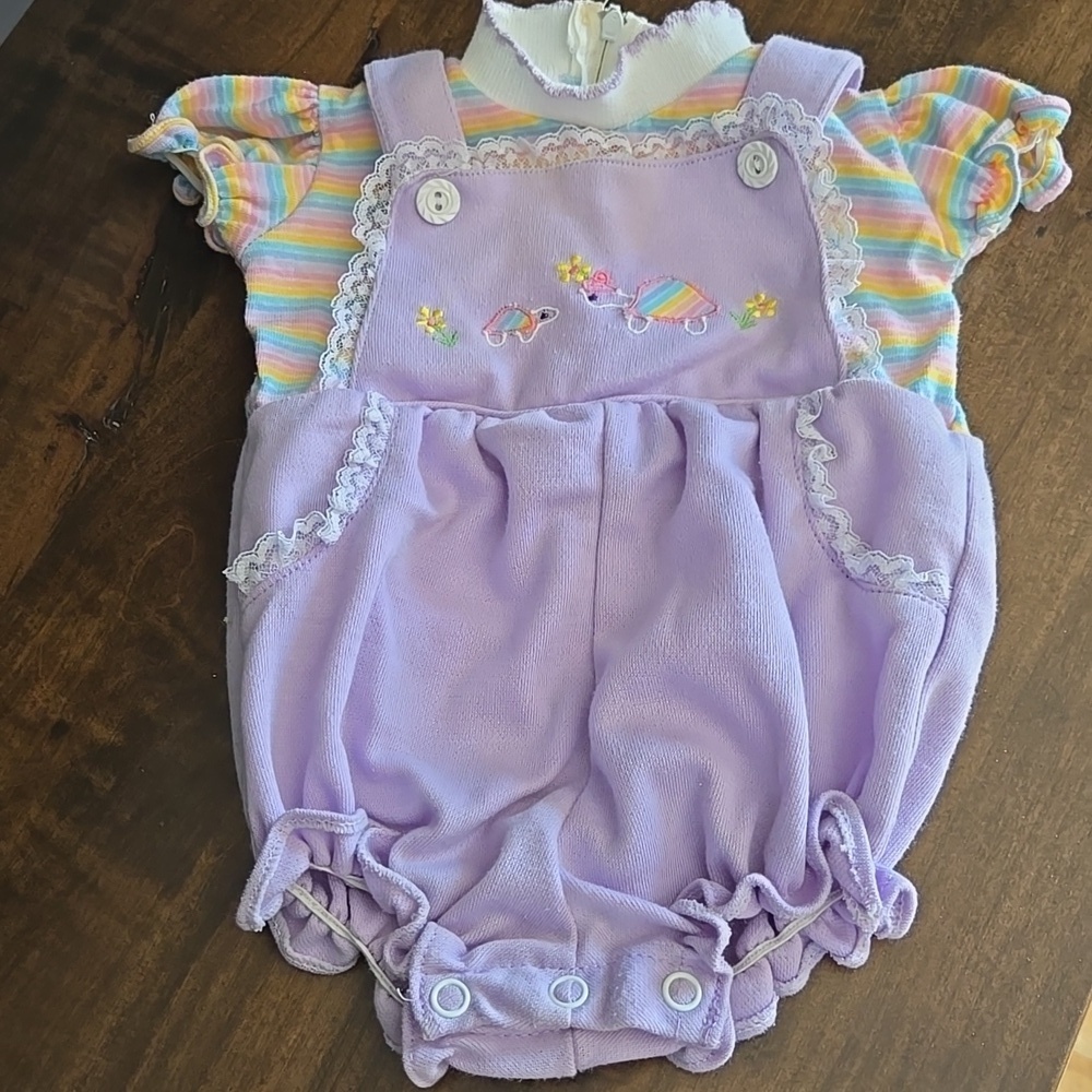 Vintage Purple Smocked Bubble Ruffle Romper Turtles Flowers Lace 80s Softgirl